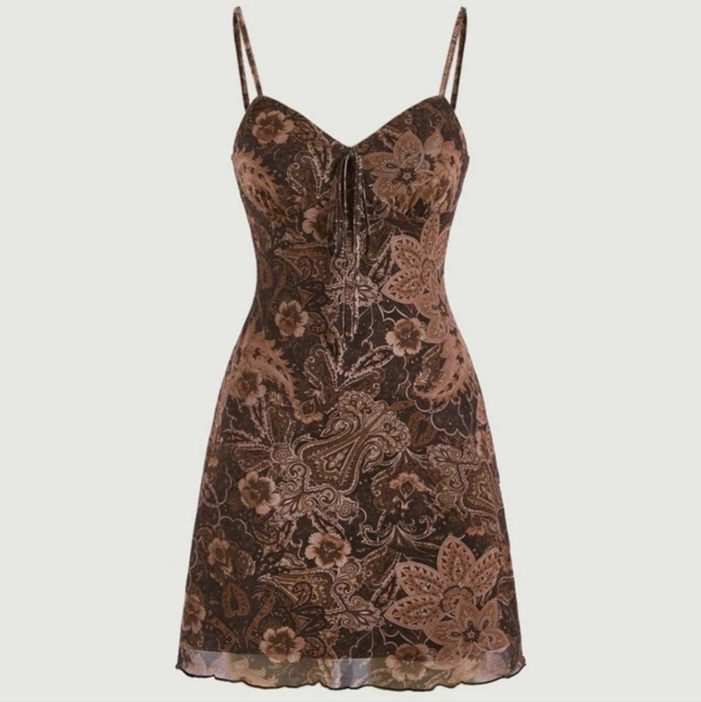 Shein MOD Floral & Paisley Print Tie Front Elasticity Vintage Cami Dress Y2K Sm